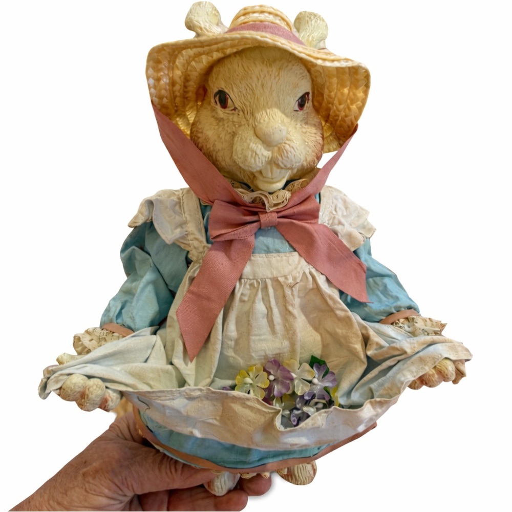 Vintage Paper Mache Rabbit Figurine with Pink Bow and Blue Dress
